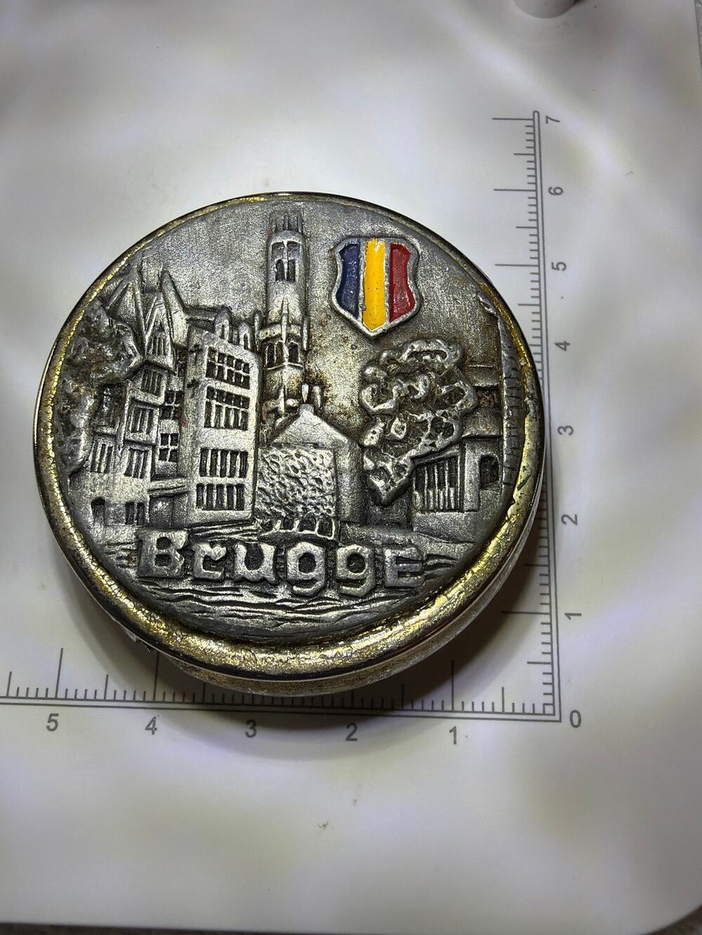 Vintage Brugge Belgium Souvenir Pill Box Metal Trinket Case Belgian Travel